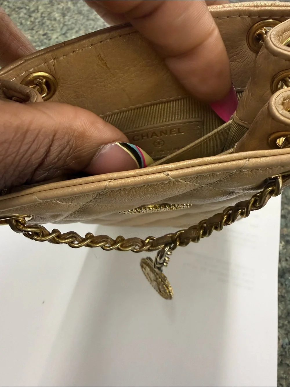 CHANEL Gold Quilted Leather Crossbody Pouch with Chain